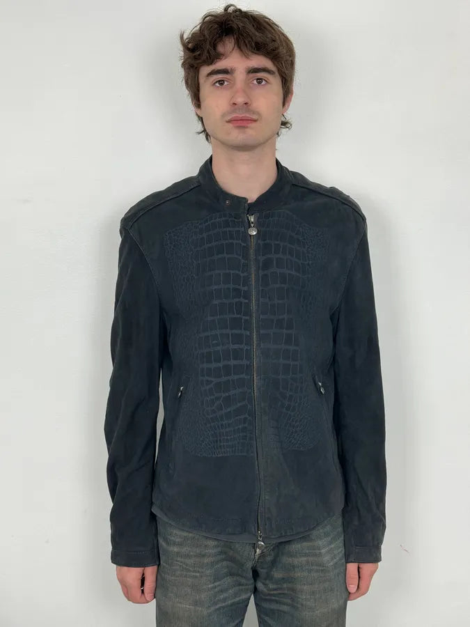 SS2009 Gianfranco Ferré Navy Suede Crocodile Effect Bomber Jacket NayRFcp 1