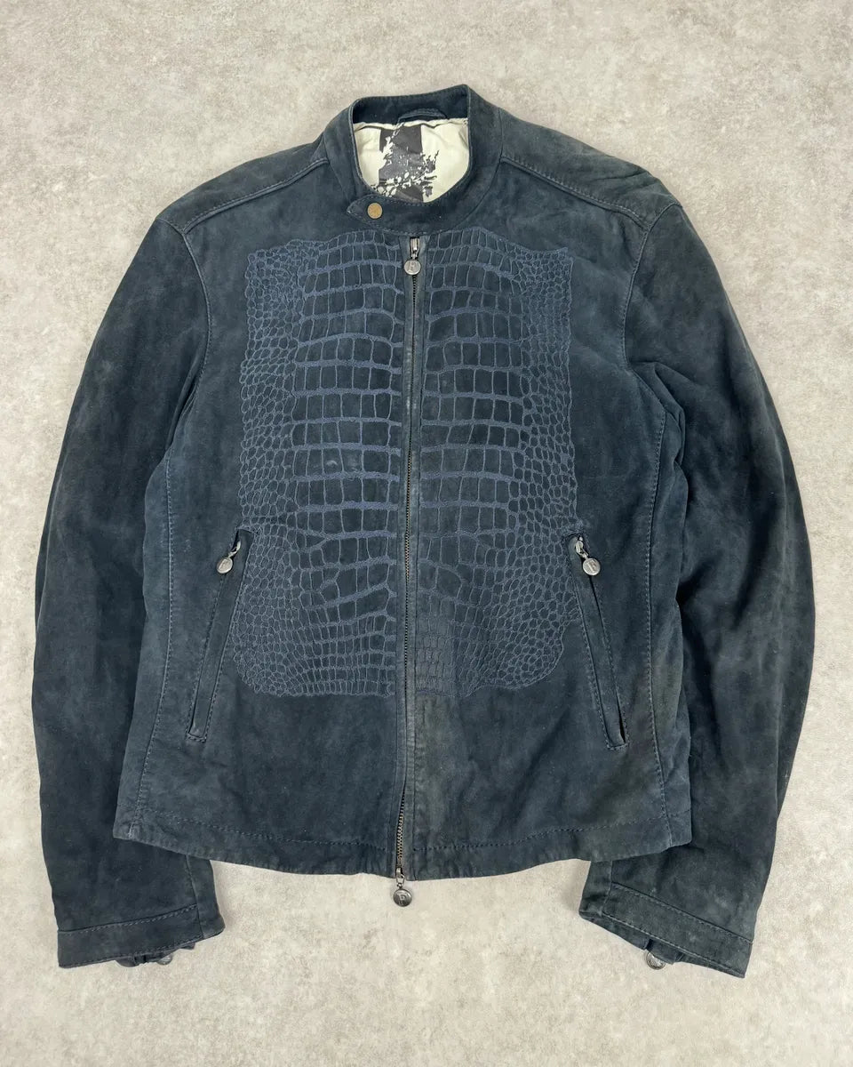 SS2009 Gianfranco Ferré Navy Suede Crocodile Effect Bomber Jacket NayRFcp 3