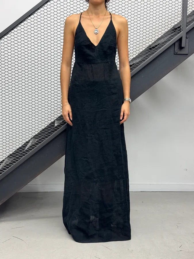 Gianfranco Ferré Black Linen Embroidered Maxi Dress gVTtzbZ 0