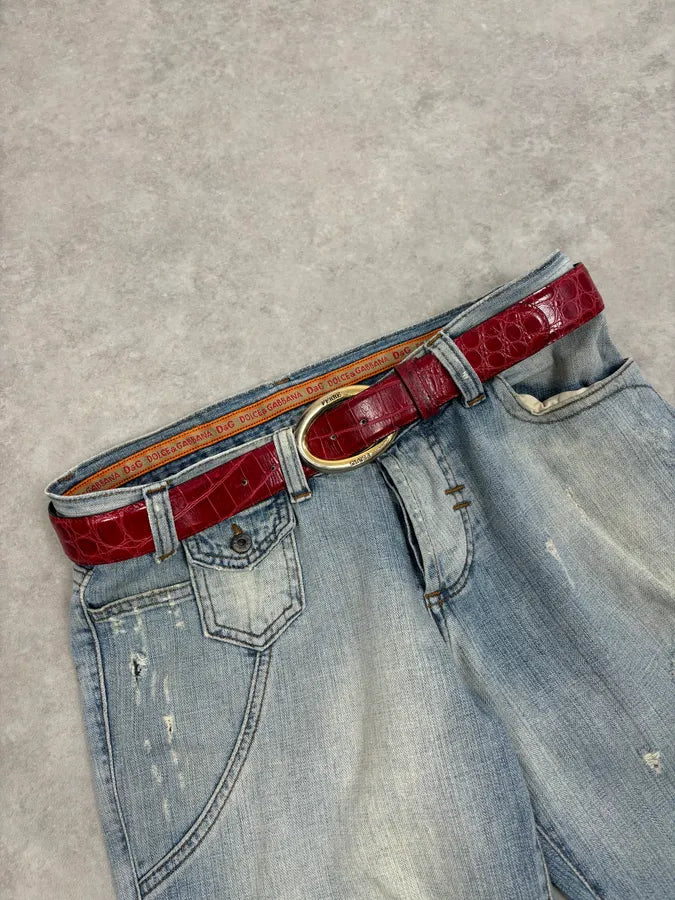 Gianfranco Ferré Red Crocodile Effect Leather Belt Gold Buckle  XVDhLfU 0