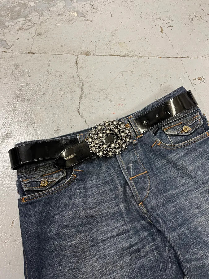 Gianfranco Ferré Strass Flowers Black Patent Leather Belt FrEzRqF 1