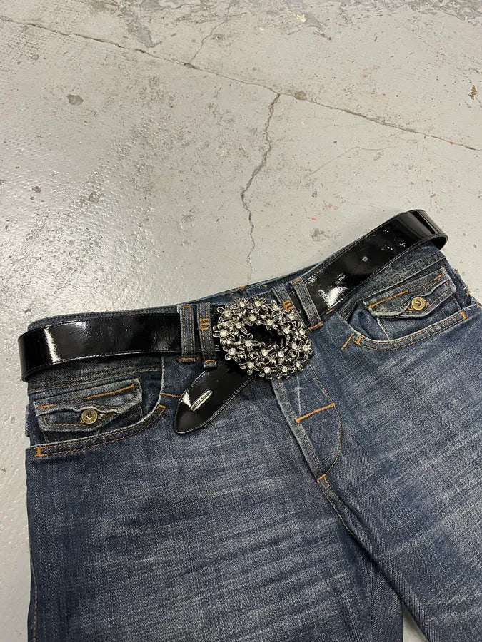 Gianfranco Ferré Strass Flowers Black Patent Leather Belt FrEzRqF 2
