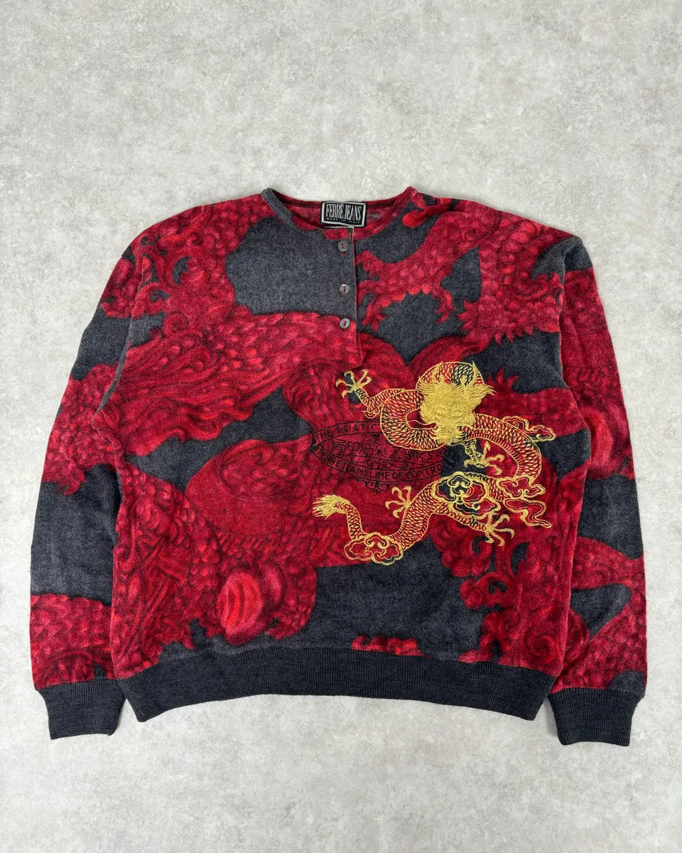 2000s Gianfranco Ferre Dragon Red Black Henley Longsleeves FCiyEZH 0