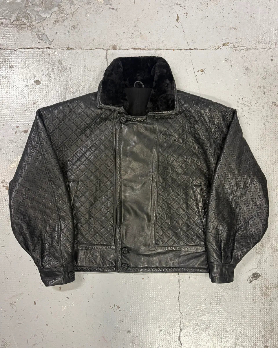 AW1992 Gianni Versace Black Leather Quilted Bomber Jacket vMNqdzm 0