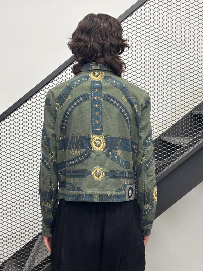 AW2018 Versace Khaki Navy Denim Ornamental Logo Denim Jacket AqbQjIu 2
