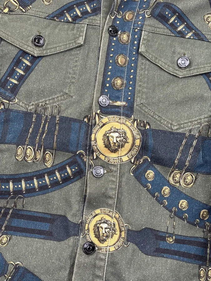 AW2018 Versace Khaki Navy Denim Ornamental Logo Denim Jacket AqbQjIu 8