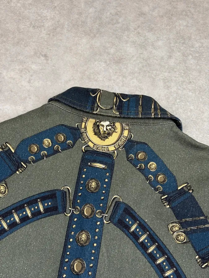 AW2018 Versace Khaki Navy Denim Ornamental Logo Denim Jacket AqbQjIu 5