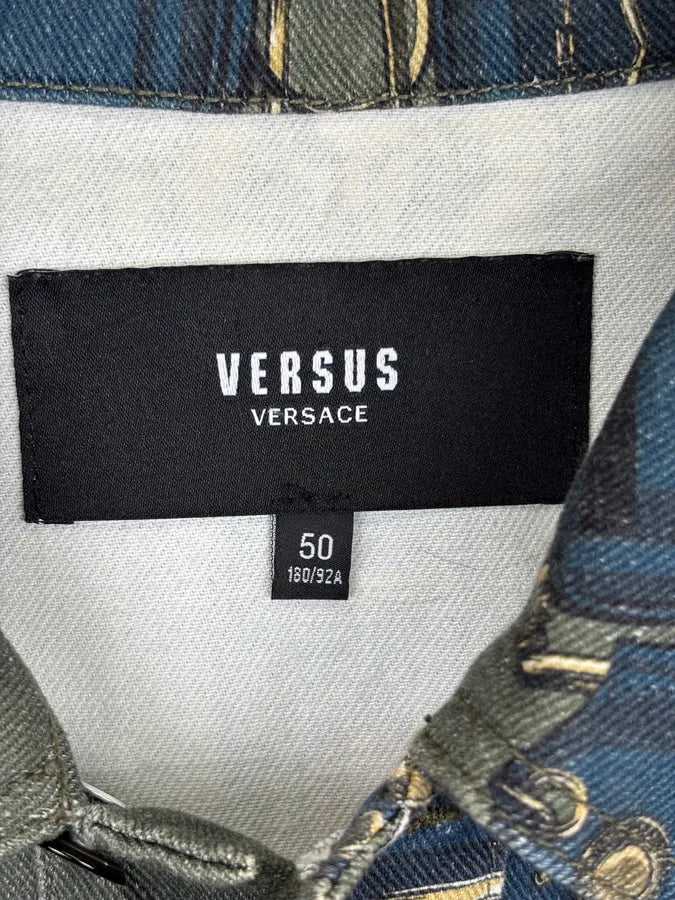 AW2018 Versace Khaki Navy Denim Ornamental Logo Denim Jacket AqbQjIu 9