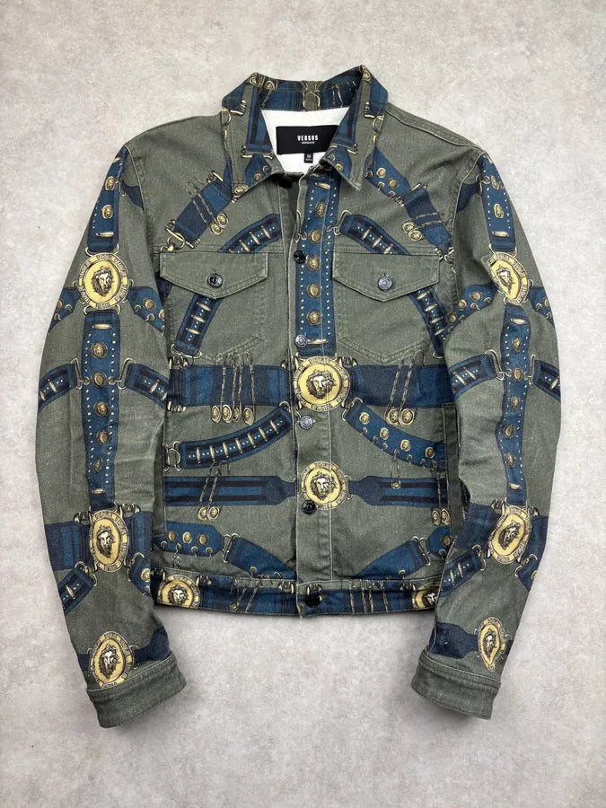 AW2018 Versace Khaki Navy Denim Ornamental Logo Denim Jacket AqbQjIu 0