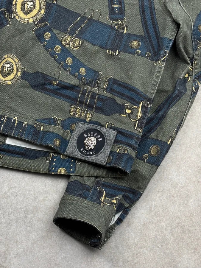 AW2018 Versace Khaki Navy Denim Ornamental Logo Denim Jacket AqbQjIu 7