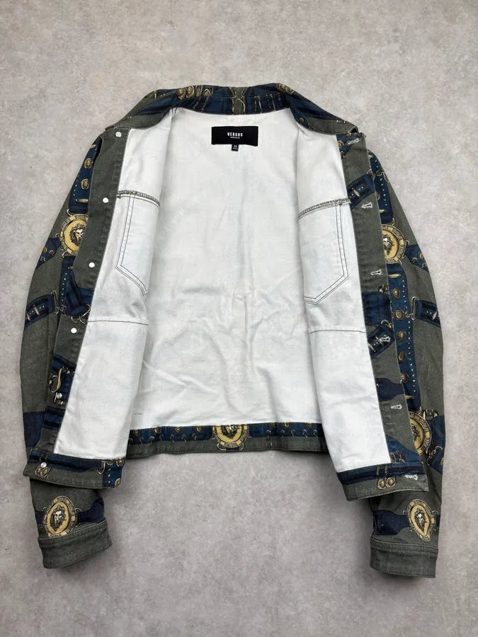 AW2018 Versace Khaki Navy Denim Ornamental Logo Denim Jacket AqbQjIu 6