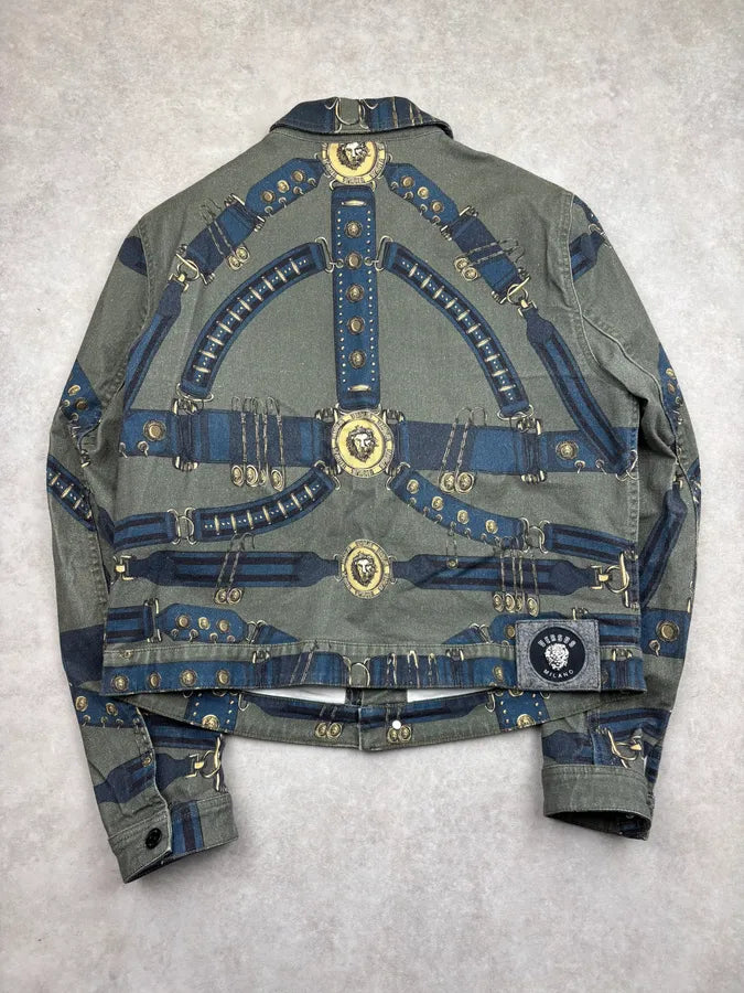 AW2018 Versace Khaki Navy Denim Ornamental Logo Denim Jacket AqbQjIu 4