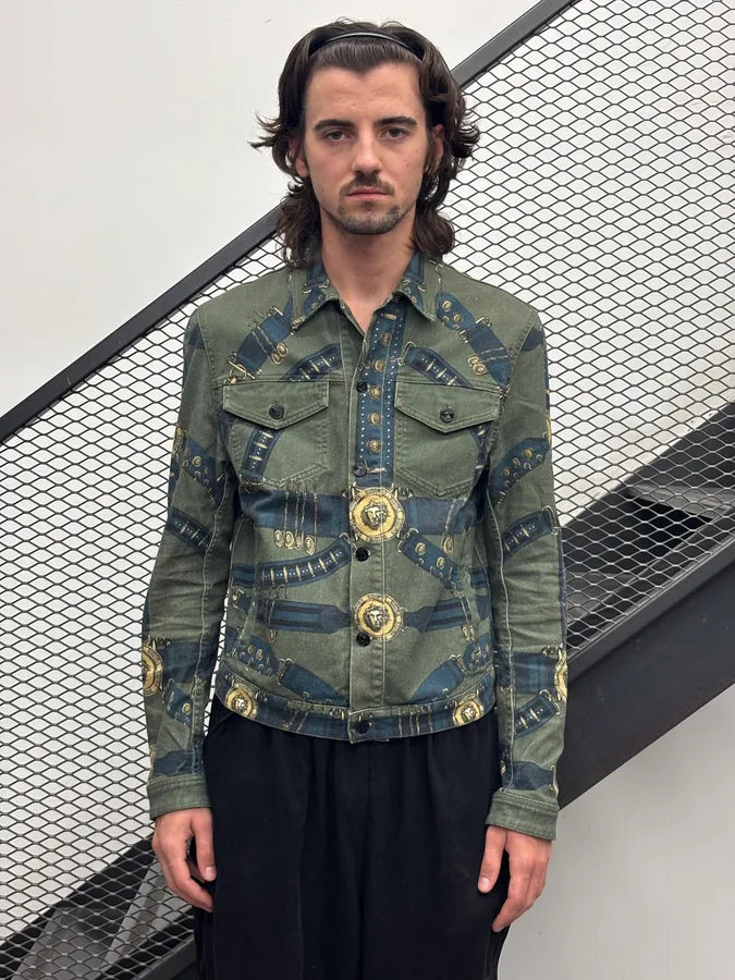 AW2018 Versace Khaki Navy Denim Ornamental Logo Denim Jacket AqbQjIu 1