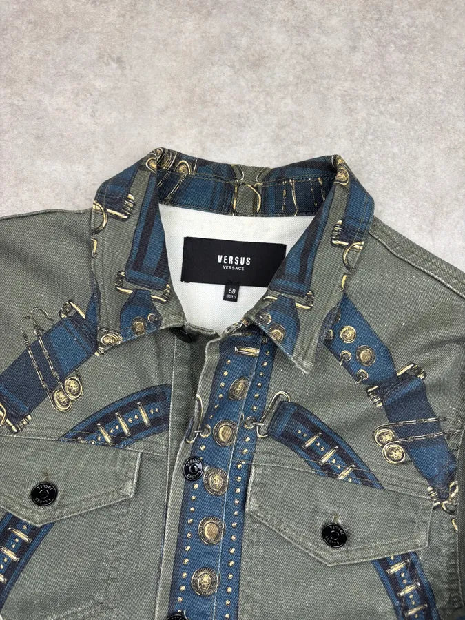 AW2018 Versace Khaki Navy Denim Ornamental Logo Denim Jacket AqbQjIu 3