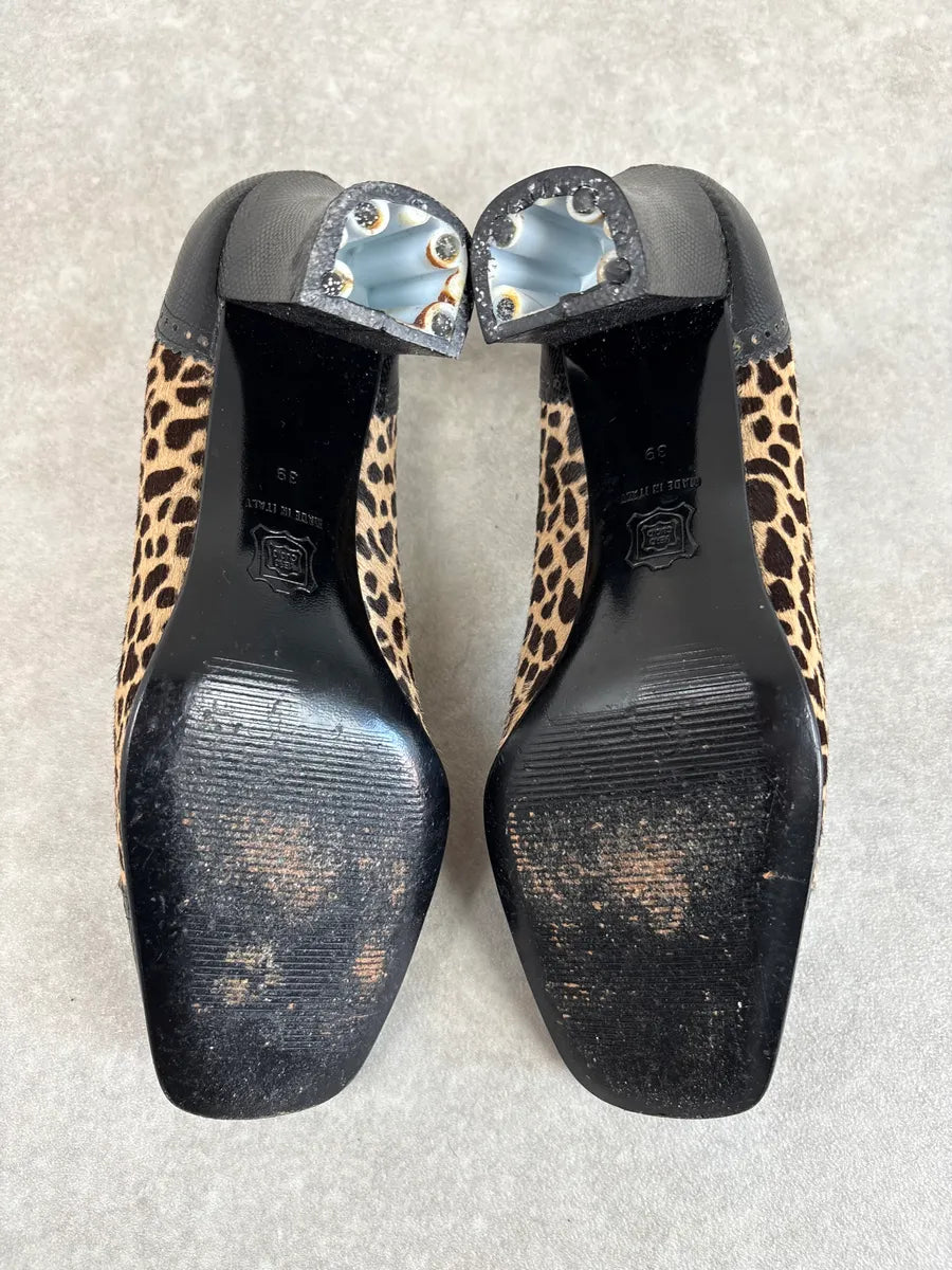1990s Gianni Versace Teal Leopard Pony Hair Pumps Heels apepFHg 6