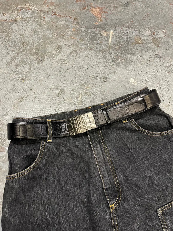 Giorgio Armani Black Crocodile Effect Leather Metallic Buckle Earth Belt (OS) bKjskdK 2