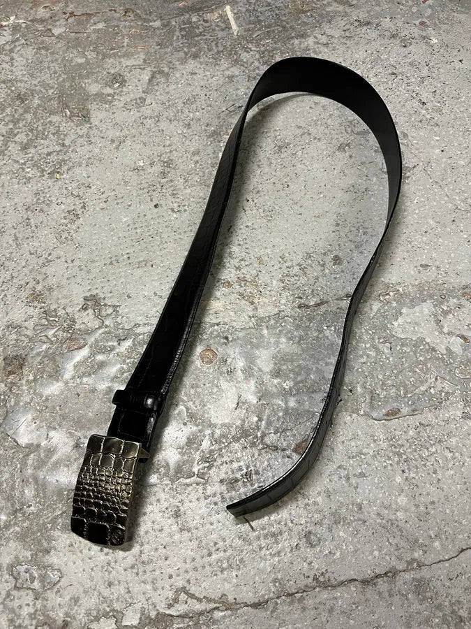 Giorgio Armani Black Crocodile Effect Leather Metallic Buckle Earth Belt (OS) bKjskdK 3