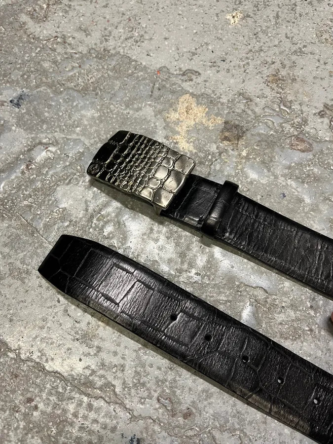Giorgio Armani Black Crocodile Effect Leather Metallic Buckle Earth Belt (OS) bKjskdK 4
