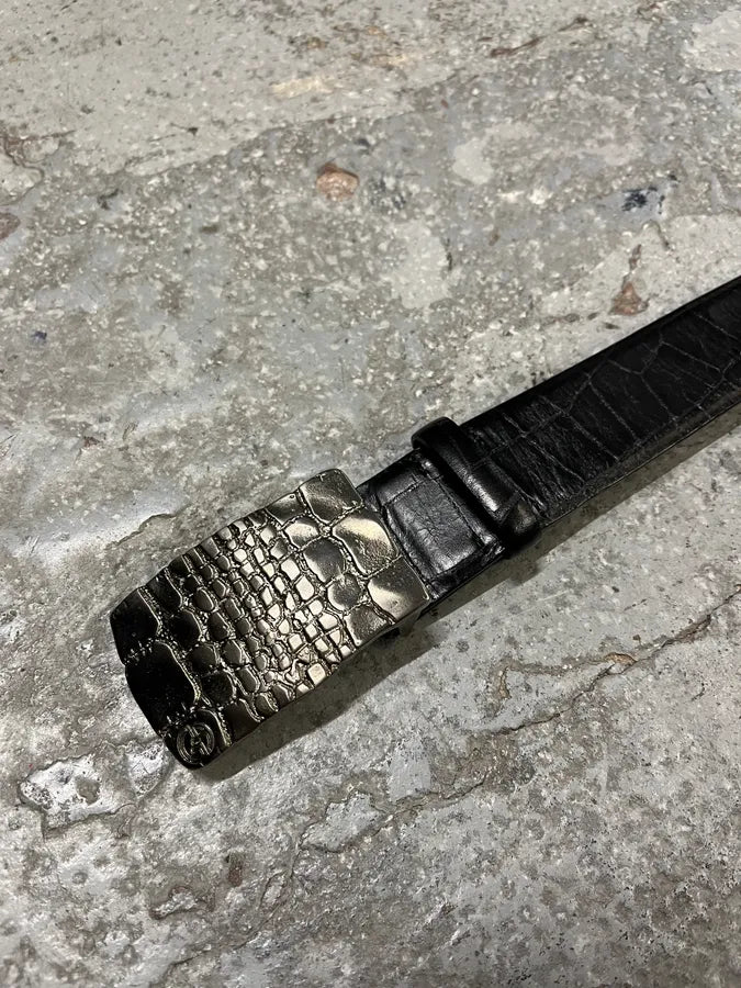 Giorgio Armani Black Crocodile Effect Leather Metallic Buckle Earth Belt (OS) bKjskdK 5