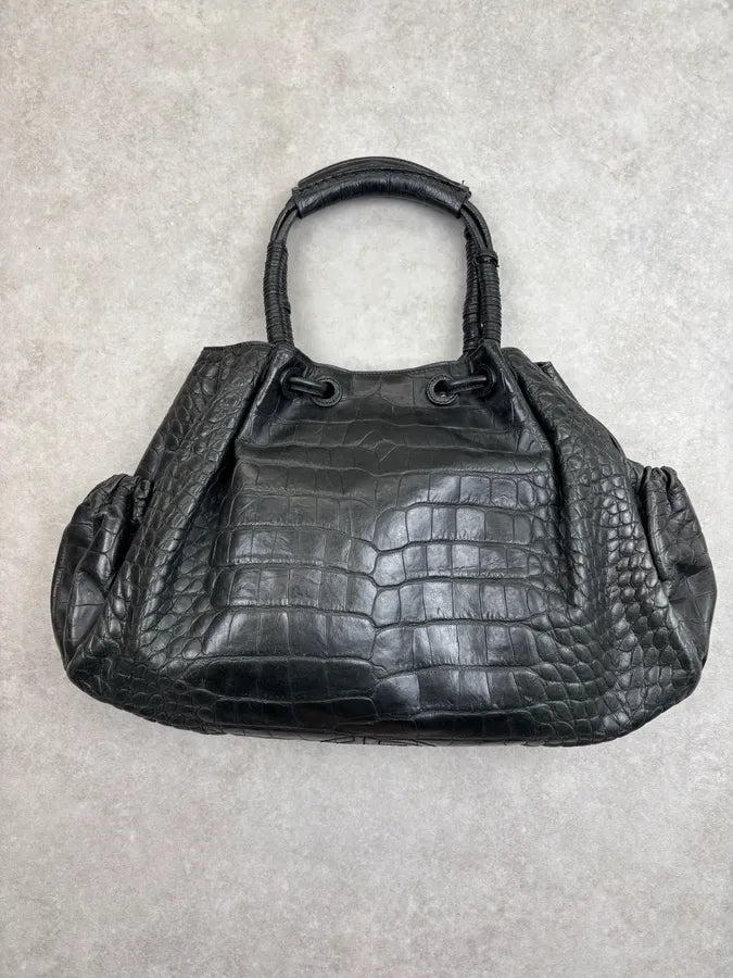 Giorgio Armani Black Crocodile Embossed Leather Handle Bag uqHrVVm 3