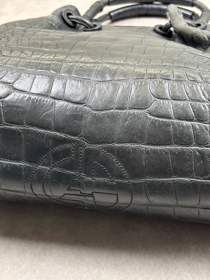 Giorgio Armani Black Crocodile Embossed Leather Handle Bag uqHrVVm 11