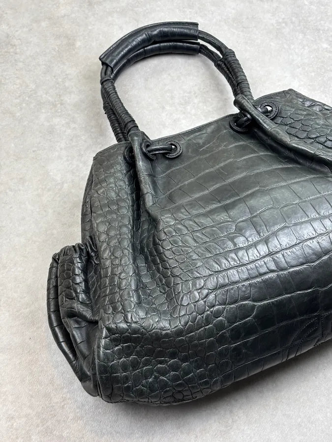 Giorgio Armani Black Crocodile Embossed Leather Handle Bag uqHrVVm 8