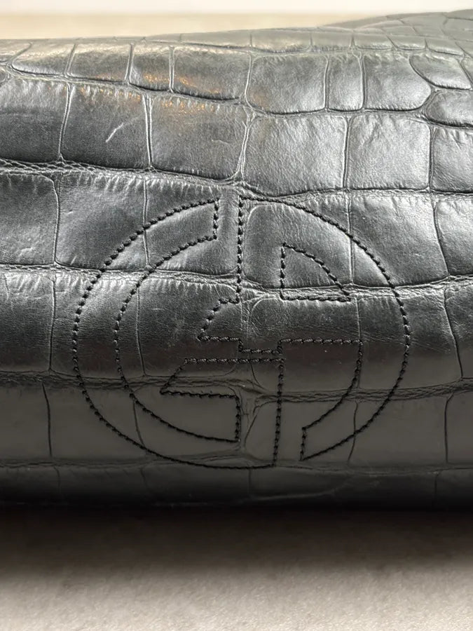 Giorgio Armani Black Crocodile Embossed Leather Handle Bag uqHrVVm 12