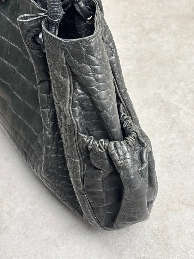 Giorgio Armani Black Crocodile Embossed Leather Handle Bag uqHrVVm 14