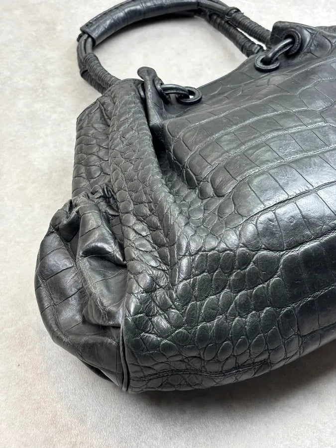 Giorgio Armani Black Crocodile Embossed Leather Handle Bag uqHrVVm 6