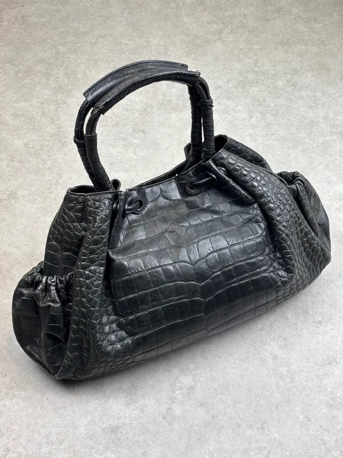 Giorgio Armani Black Crocodile Embossed Leather Handle Bag uqHrVVm 0