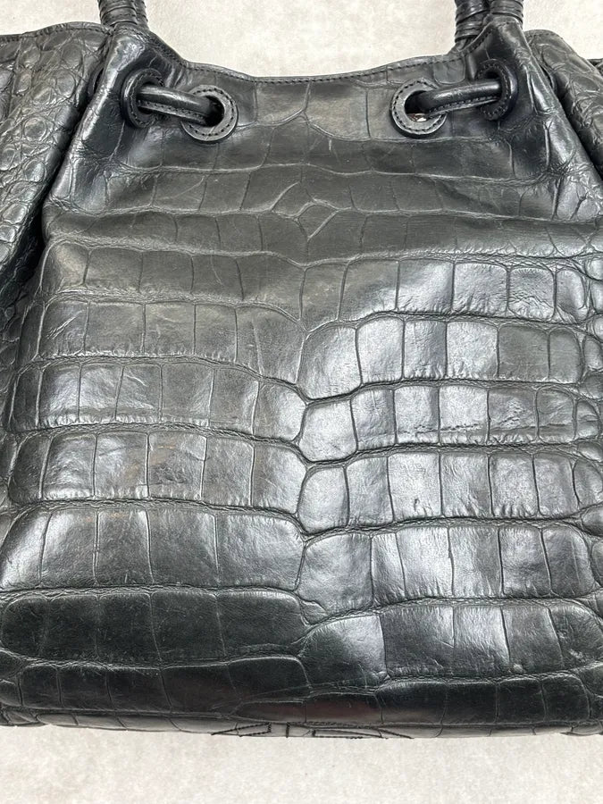 Giorgio Armani Black Crocodile Embossed Leather Handle Bag uqHrVVm 4