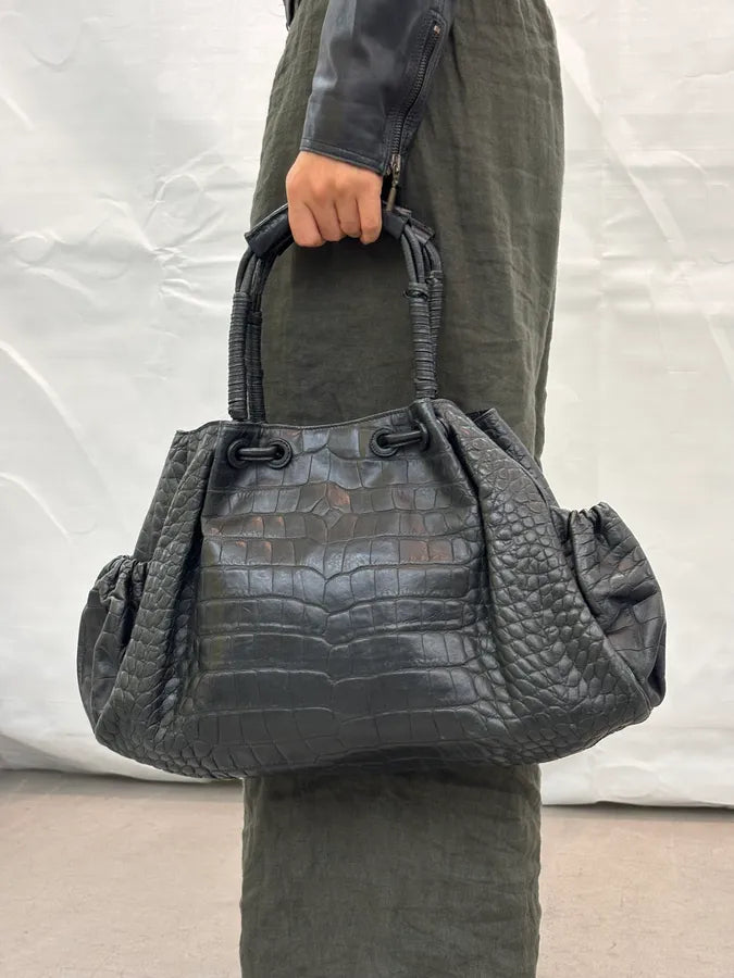 Giorgio Armani Black Crocodile Embossed Leather Handle Bag uqHrVVm 1