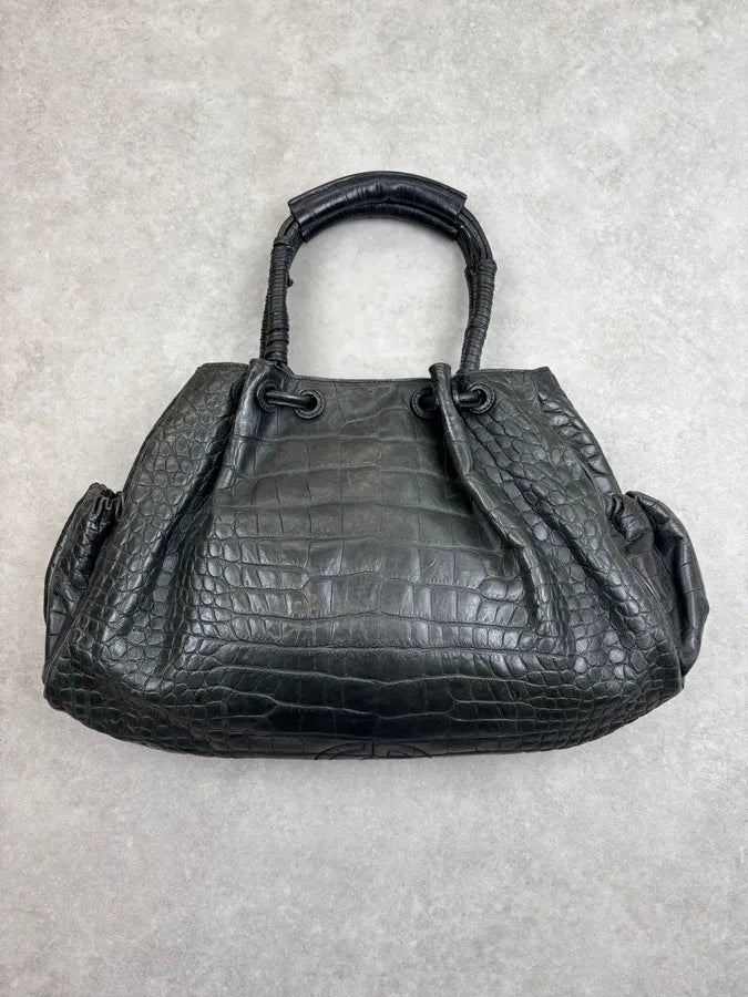 Giorgio Armani Black Crocodile Embossed Leather Handle Bag uqHrVVm 9