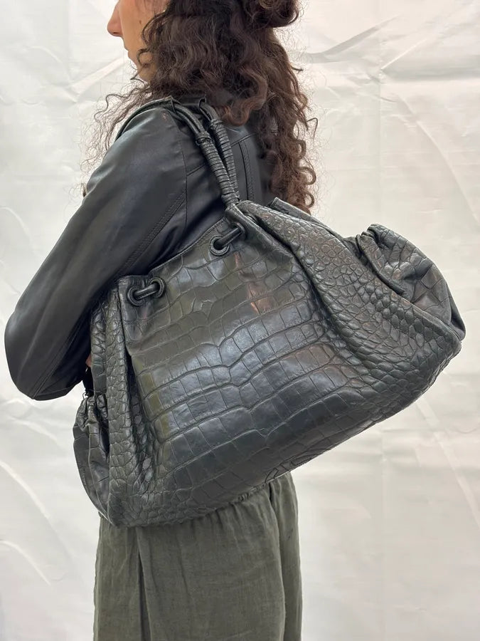 Giorgio Armani Black Crocodile Embossed Leather Handle Bag uqHrVVm 2
