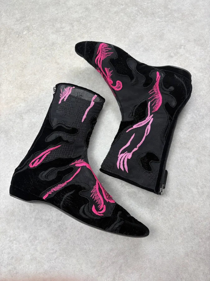 Giorgio Armani Black Mesh & Pink Embroidered Boots poaTsNb 5
