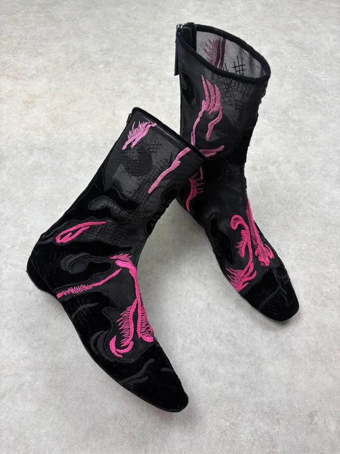 Giorgio Armani Black Mesh & Pink Embroidered Boots poaTsNb 4