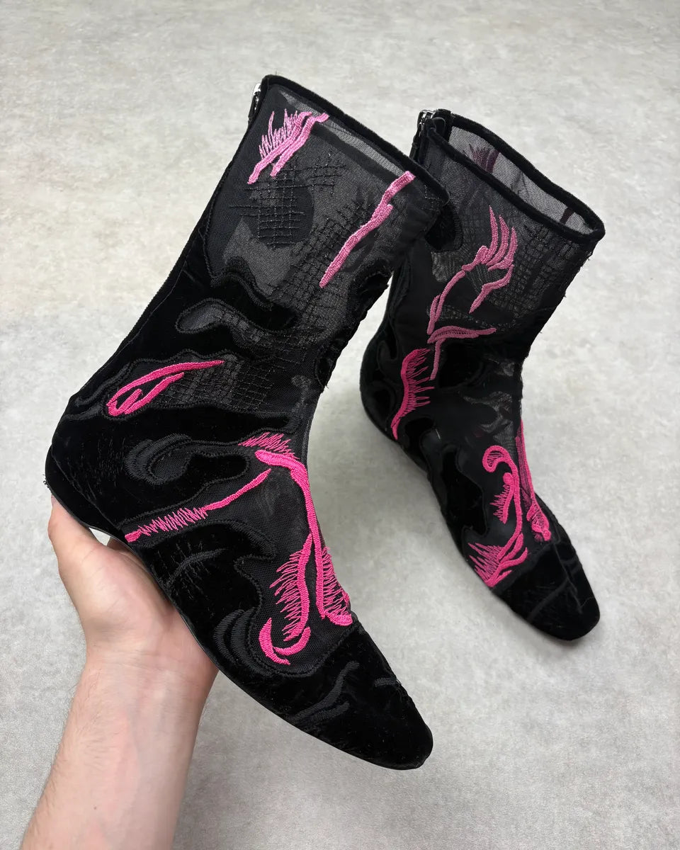 Giorgio Armani Black Mesh & Pink Embroidered Boots poaTsNb 0