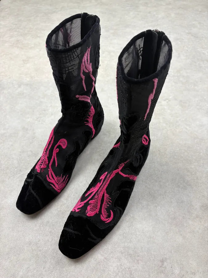 Giorgio Armani Black Mesh & Pink Embroidered Boots poaTsNb 2