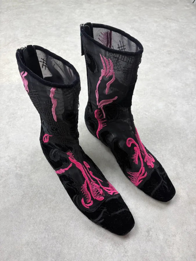 Giorgio Armani Black Mesh & Pink Embroidered Boots poaTsNb 3