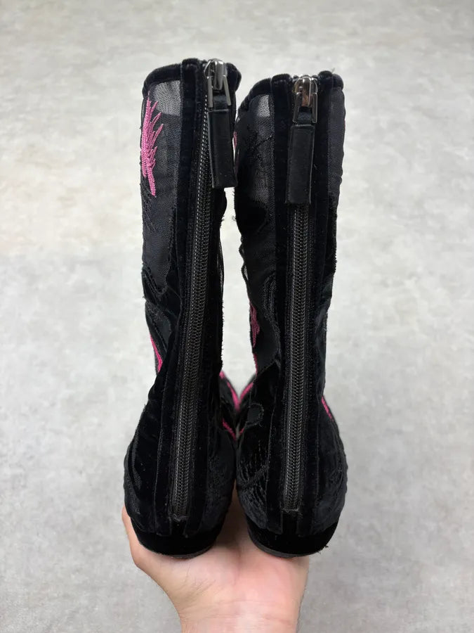 Giorgio Armani Black Mesh & Pink Embroidered Boots poaTsNb 6