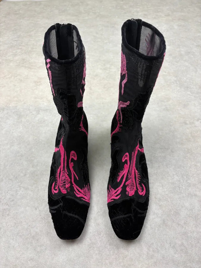 Giorgio Armani Black Mesh & Pink Embroidered Boots poaTsNb 1