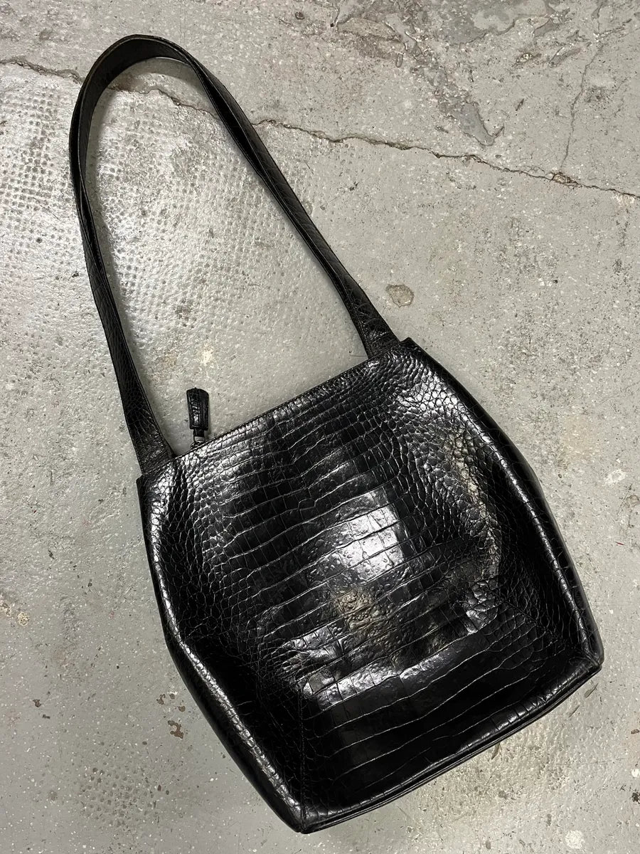 Giorgio Armani Black Shiny Leather Crocodile Effect Bag (OS) 0