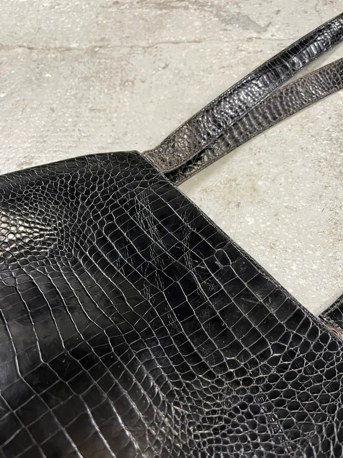 Giorgio Armani Black Shiny Leather Crocodile Effect Bag (OS) 10