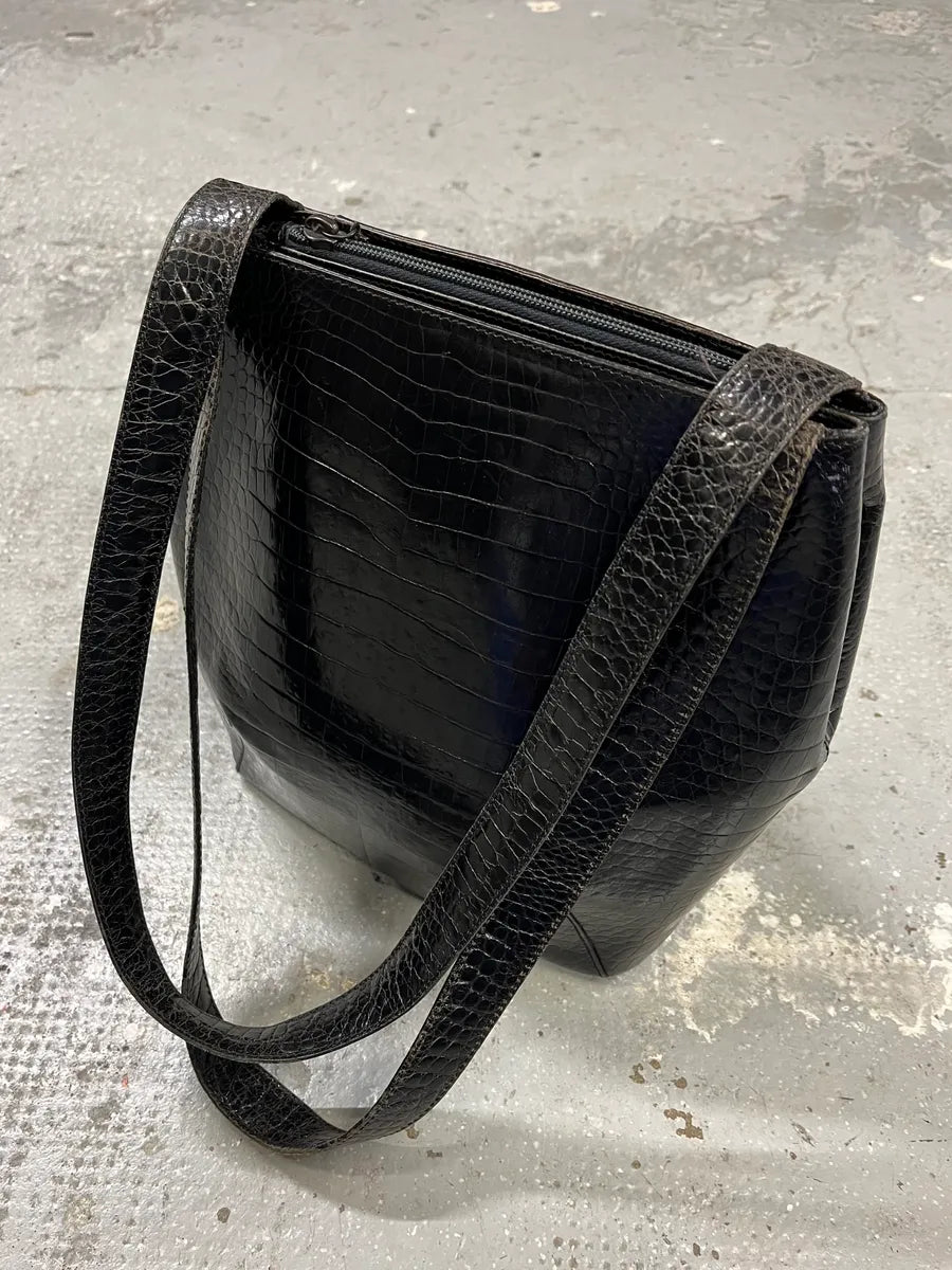 Giorgio Armani Black Shiny Leather Crocodile Effect Bag (OS) 1