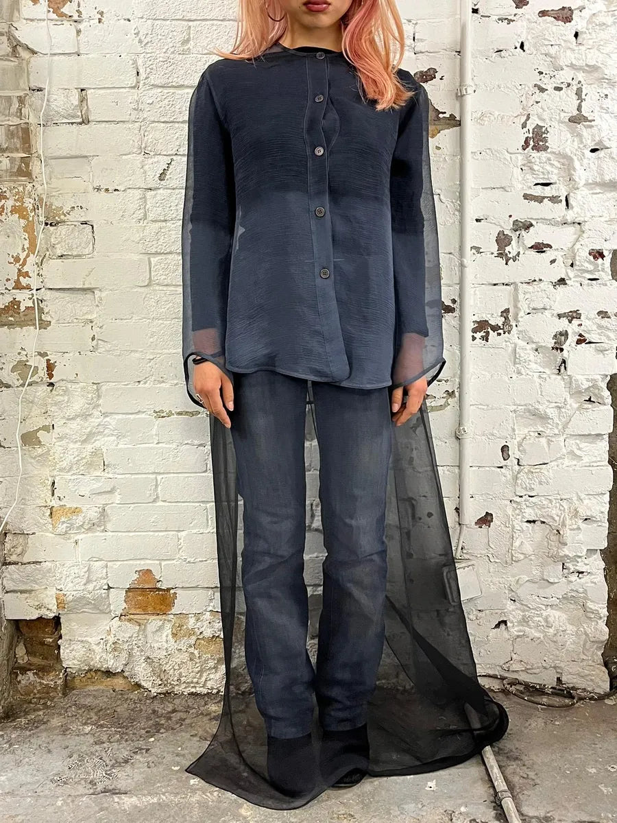 Giorgio Armani Blue Grey Gradient Clear Shirt & Skirt Organza Set   htENlEy 0