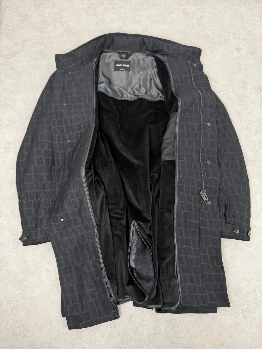 Giorgio Armani Crocodile Effect Black Wool & Silk Trench Coat eSpQmEW 5
