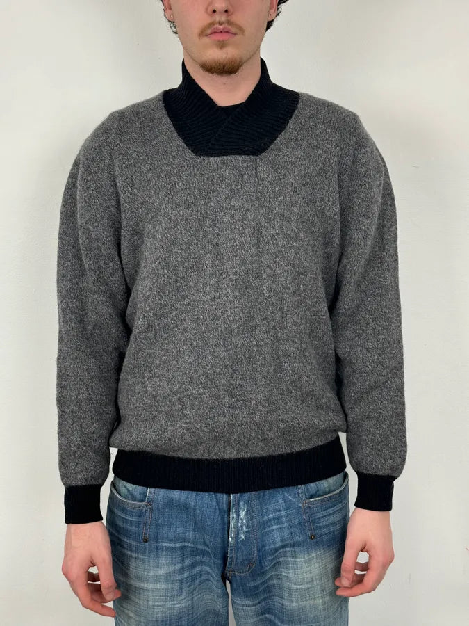 1980s Giorgio Armani Grey & Black Shawl Collar Sweater pTudBGF 1
