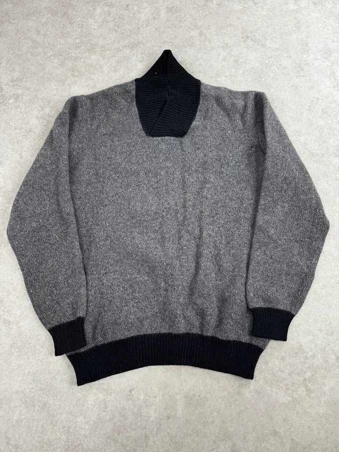 1980s Giorgio Armani Grey & Black Shawl Collar Sweater pTudBGF 0