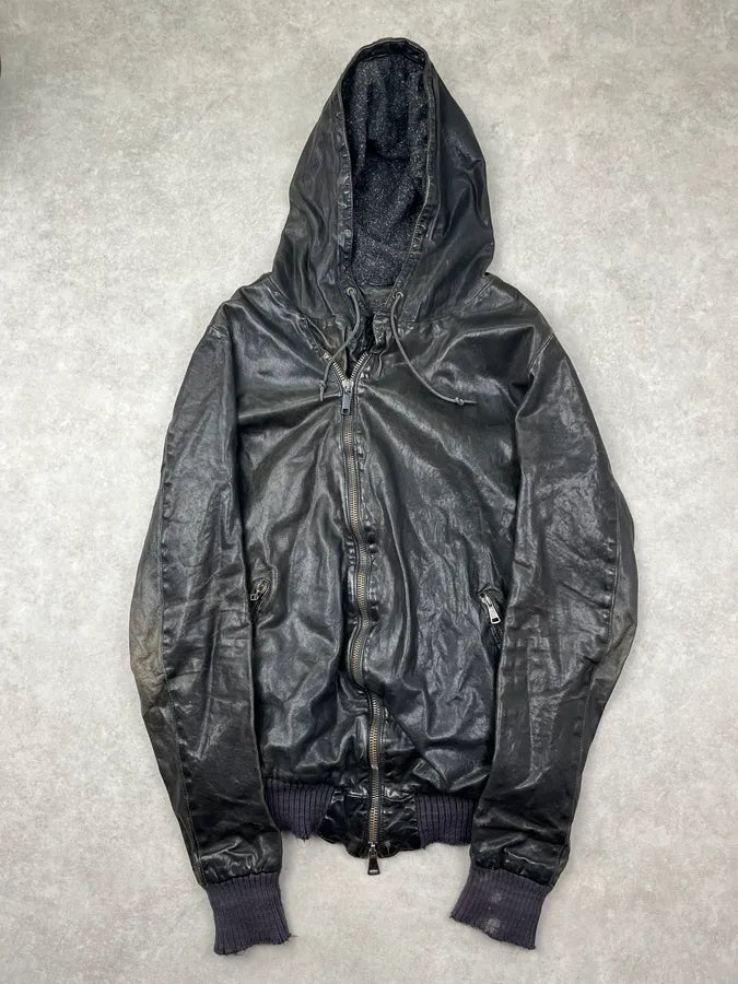 Giorgio Brato Asymmetrical Zip Black Hooded Leather Jacket BUtKzkj 0