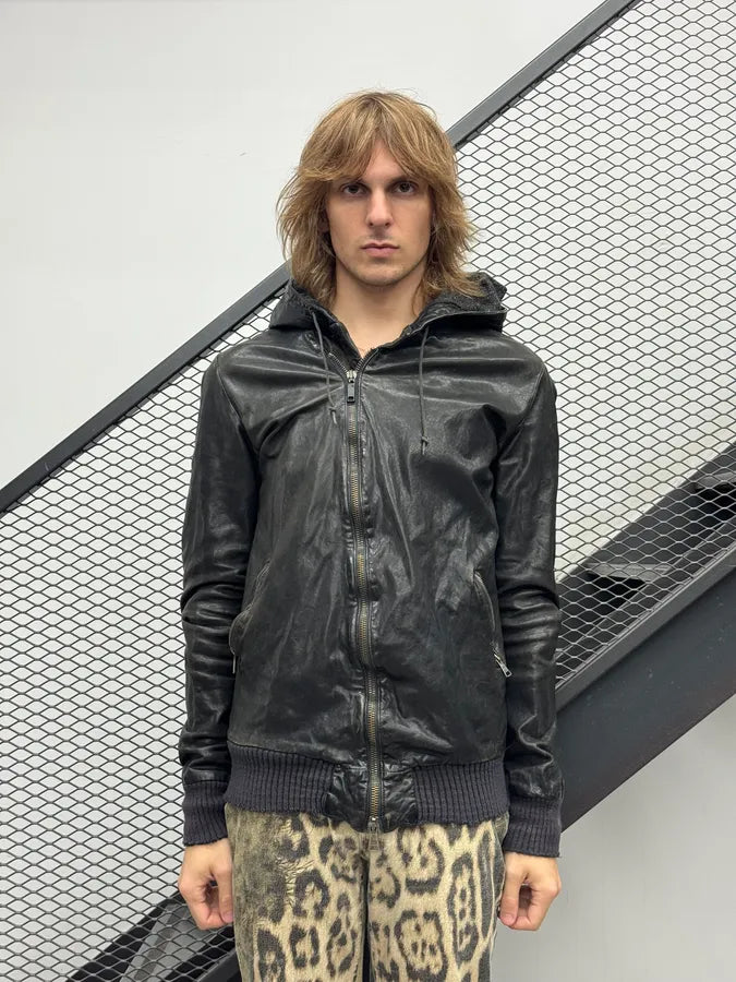 Giorgio Brato Asymmetrical Zip Black Hooded Leather Jacket BUtKzkj 1